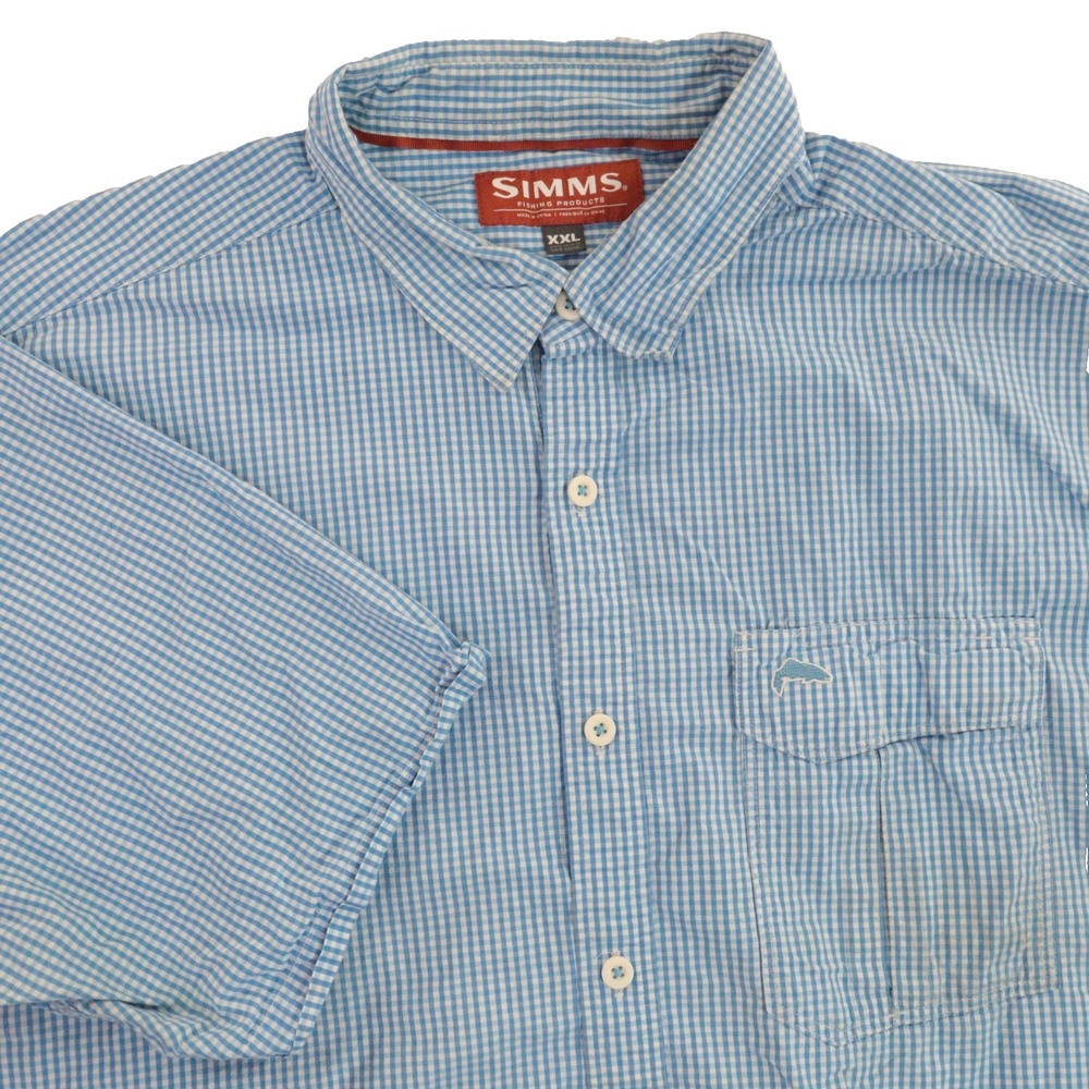 Simms Fishing Products Gingham Button Down Blue Cotton Men XXL